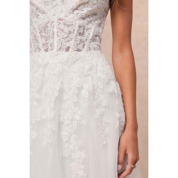 Lulus Bridal NWT Glorious Luxury White Sheer Tulle Embroidered Beaded Maxi Gown - Picture 4 of 10